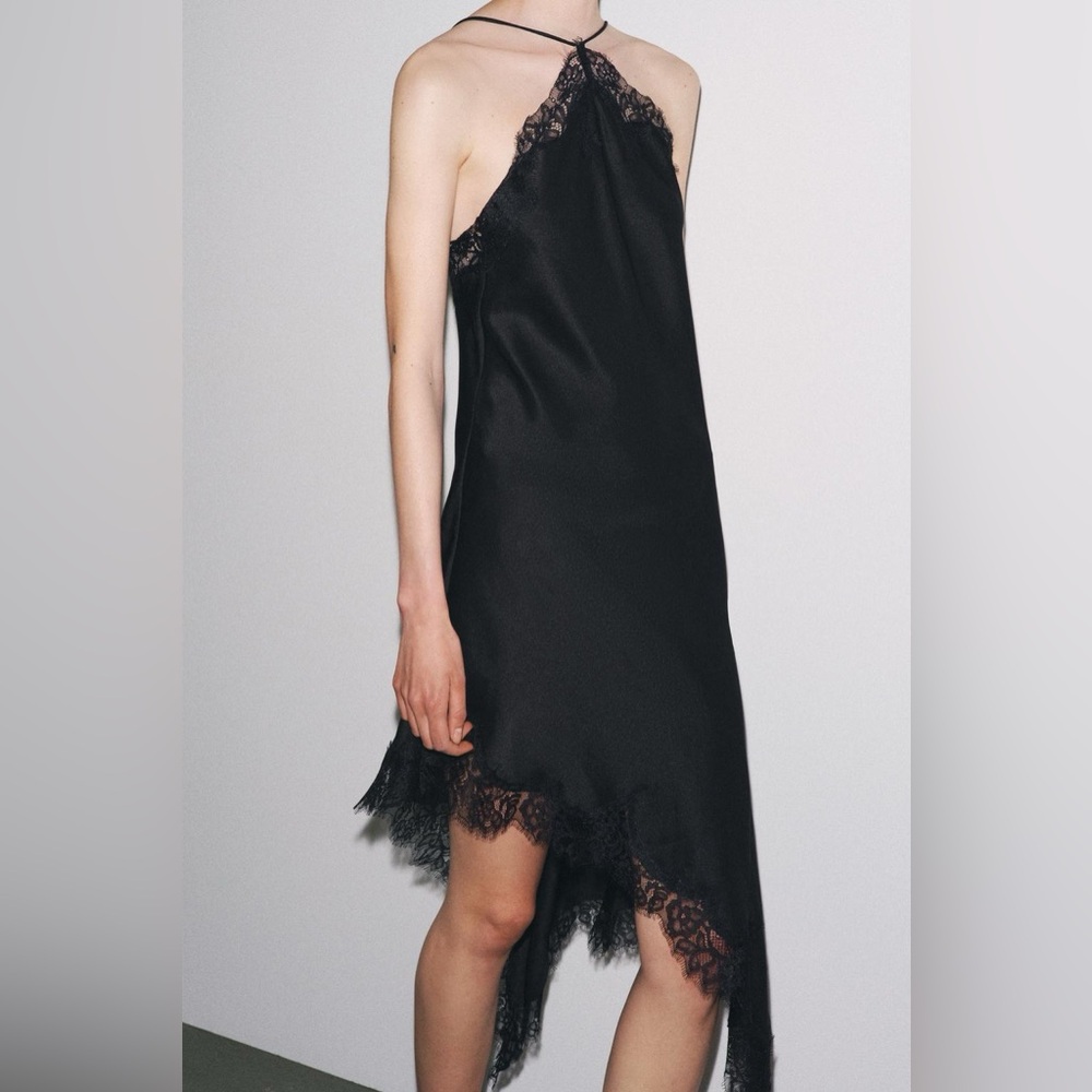 ZARA Black Asymmetric Satin Slip Dress w Lace Trim - ZW collection.  XL NWOT